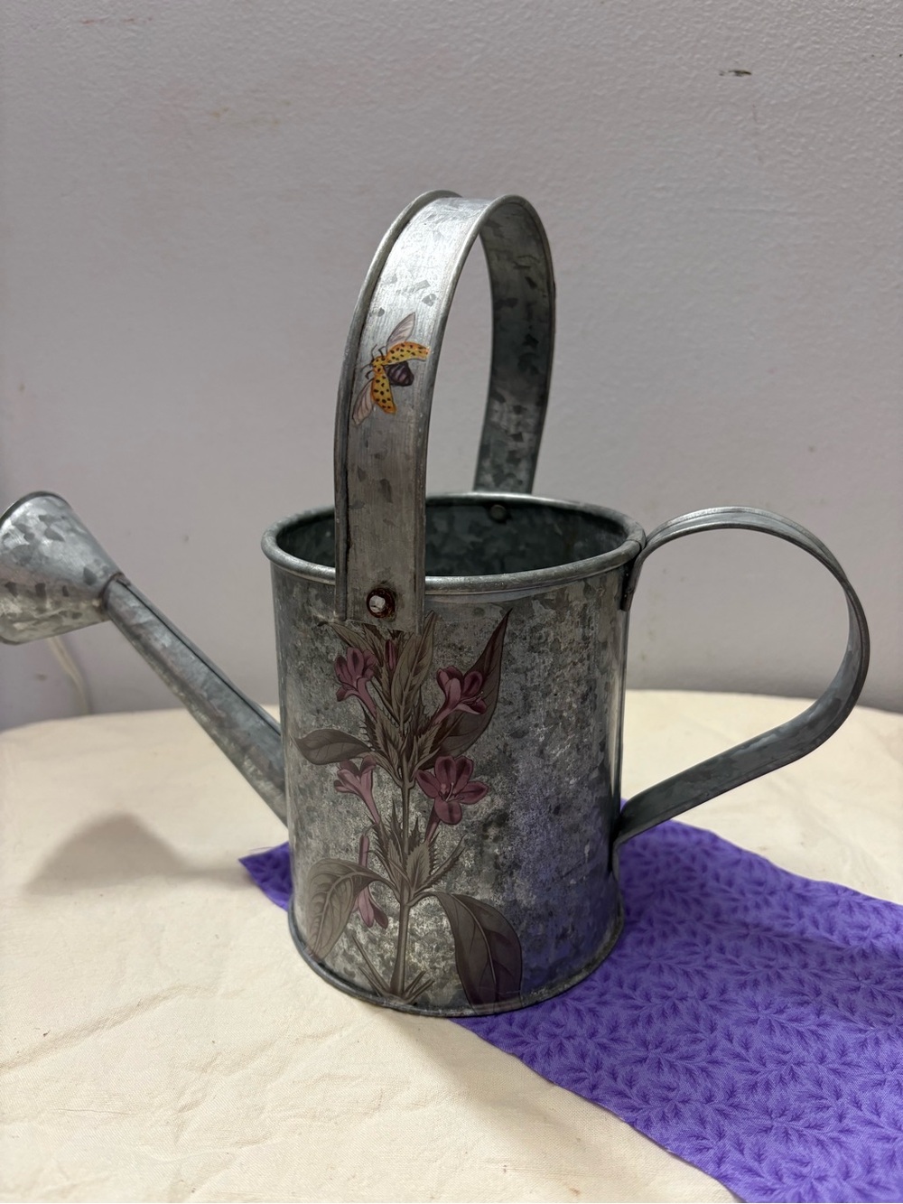 Galvanized Metal Watering Can with Floral Detail